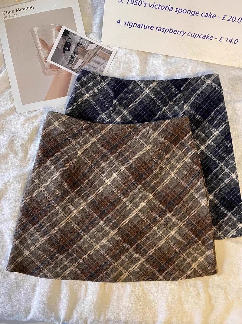 Slightly plump mm plaid woolen skirt women's spring and autumn new style short plaid hip-hugging skirt pants high-waisted A-line short skirt - Image 2