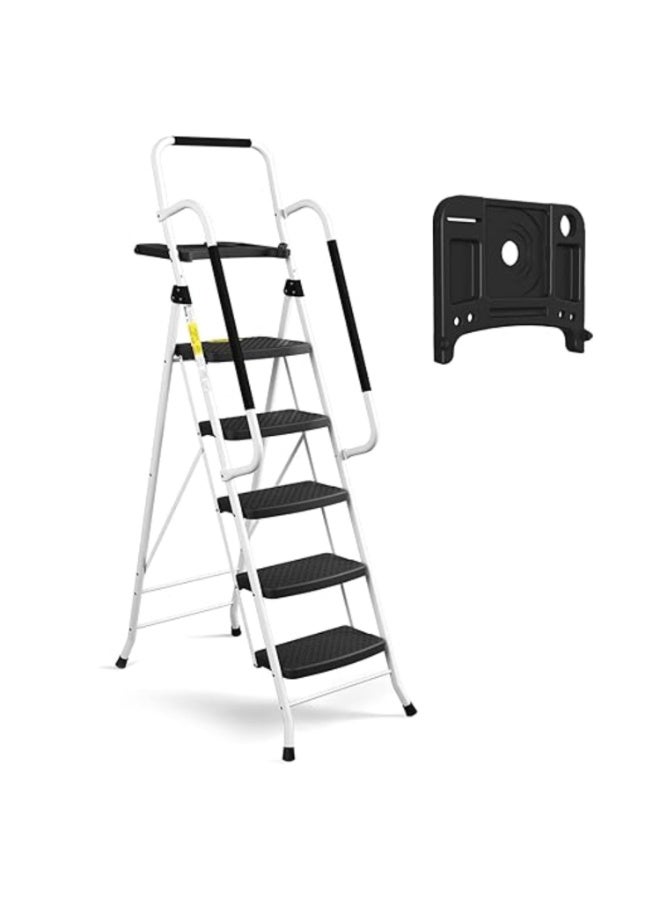 Liberti 5 Step Ladder with Handrails, Folding Step Stool Portable Steel Ladder for Adults for Home Kitchen Library Office, White - Image 2