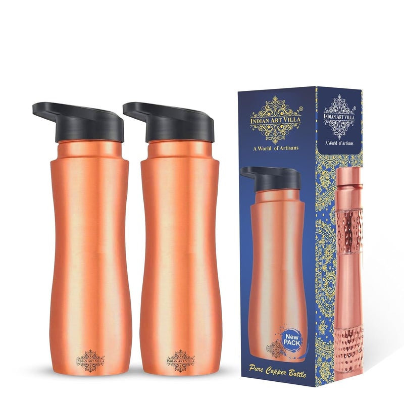 INDIAN ART VILLA INDIAN ART VILLA Set of 2 Pure Copper Sipper Bottle with Lacquer Coating Curved Design Water Storage Drinkware Ayurveda Yoga Volume 1 Litre  - Image 1