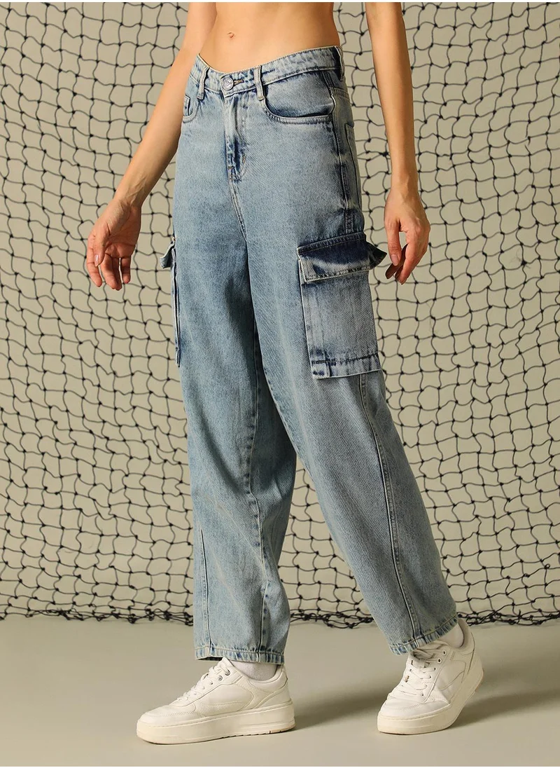 Hubberholme Women's Indigo 100% Cotton Distressed Full Length Cargo Tapered Fit Jeans