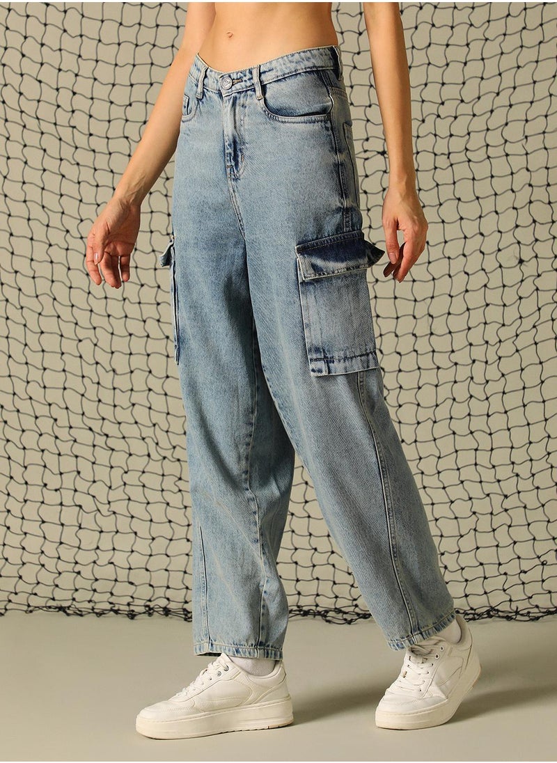 Hubberholme Women's Indigo 100% Cotton Distressed Full Length Cargo Tapered Fit Jeans  - Image 2
