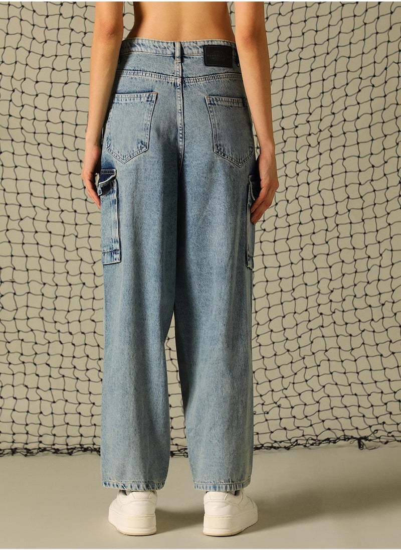 Hubberholme Women's Indigo 100% Cotton Distressed Full Length Cargo Tapered Fit Jeans  - Image 3