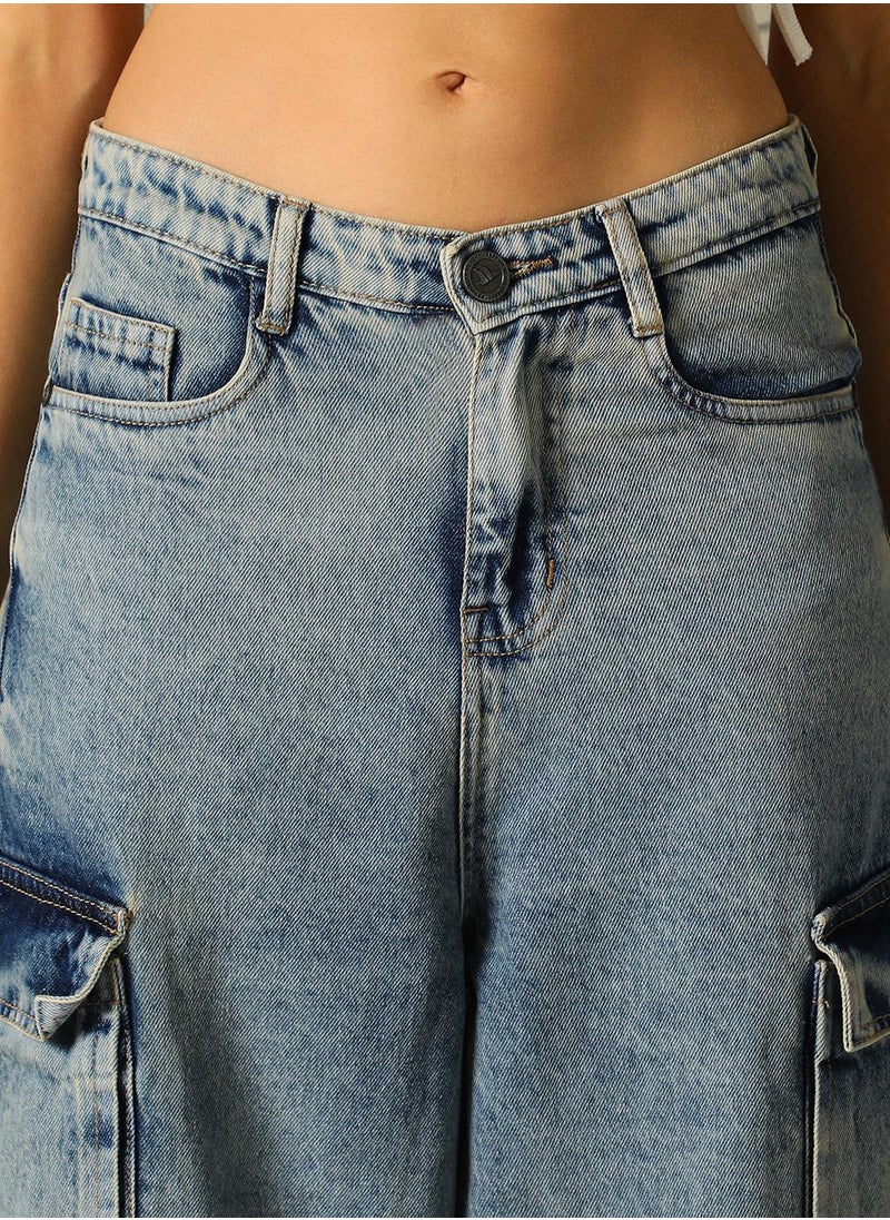 Hubberholme Women's Indigo 100% Cotton Distressed Full Length Cargo Tapered Fit Jeans  - Image 4