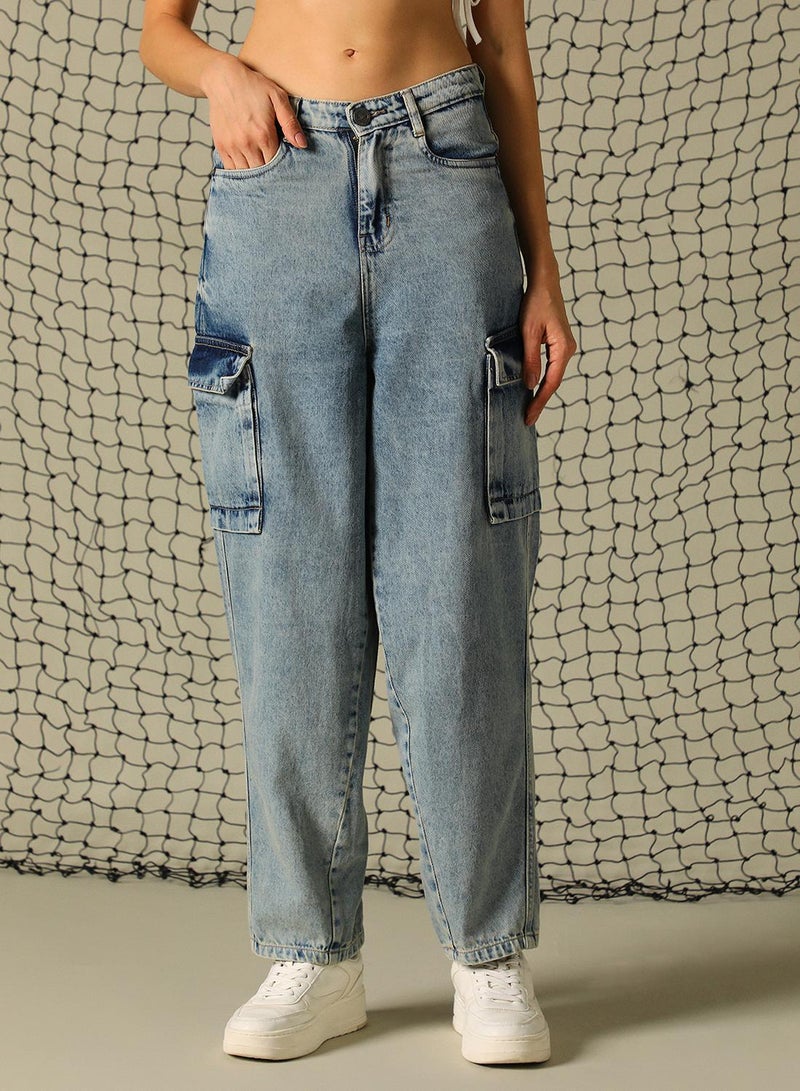Women's Indigo 100% Cotton Distressed Full Length Cargo Tapered Fit Jeans