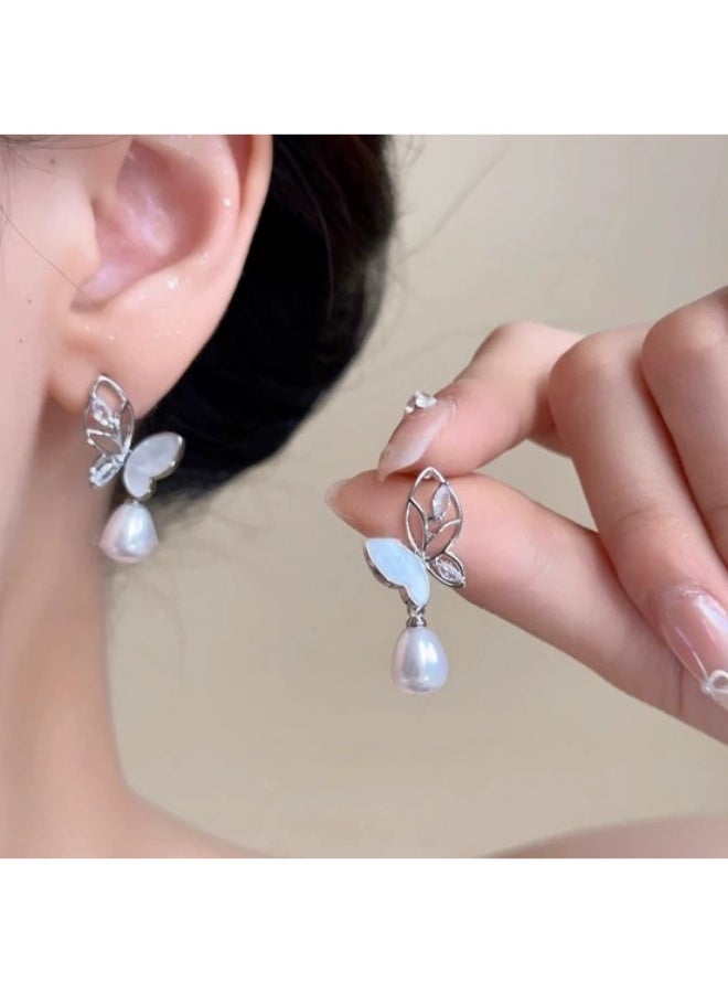 Goolsky Fresh Butterfly Pearl Earrings for Women – Elegant Luxury Stud & Drop Earrings, Butterfly Pearl Motifs S925 Silver Hypoallergenic, Daily Wear Parties Gifting - Image 1