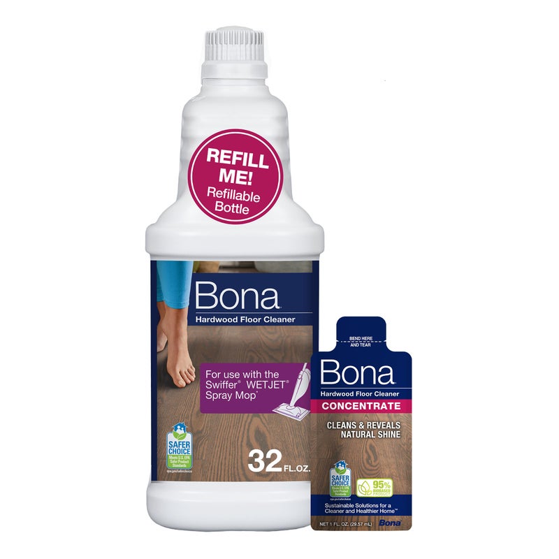 Bona Hardwood Floor Cleaner Bottle for use with Swiffer WETJET Spray Mop, makes 64 Fl Oz - Includes Filled Bottle + Concentrate Refill for Wood Floor Cleaning - Image 1