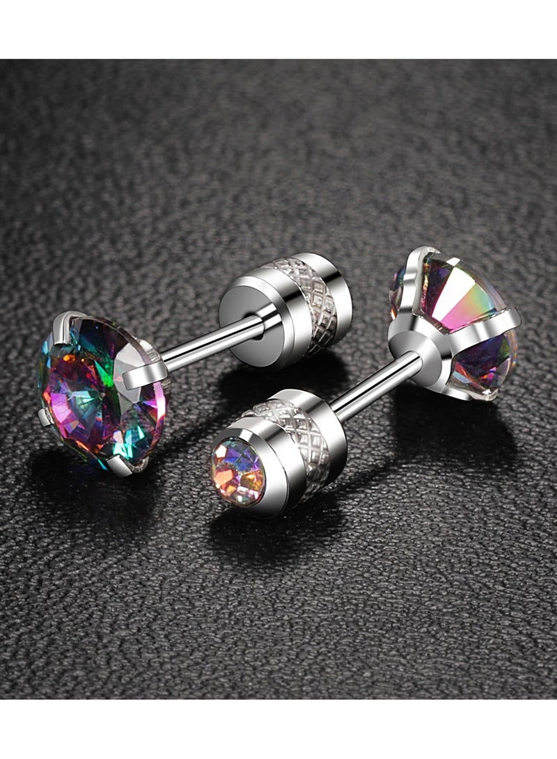 Y&D Titanium Screw Back Pack of Earrings Cubic Zirconia Studs for Women Men 20G Helix Piercing Post Surgical Stainless Steel Hypoallergenic Sensitive Ears Simulated Diamond, Crystal (Rainbow-Silver) - Image 4