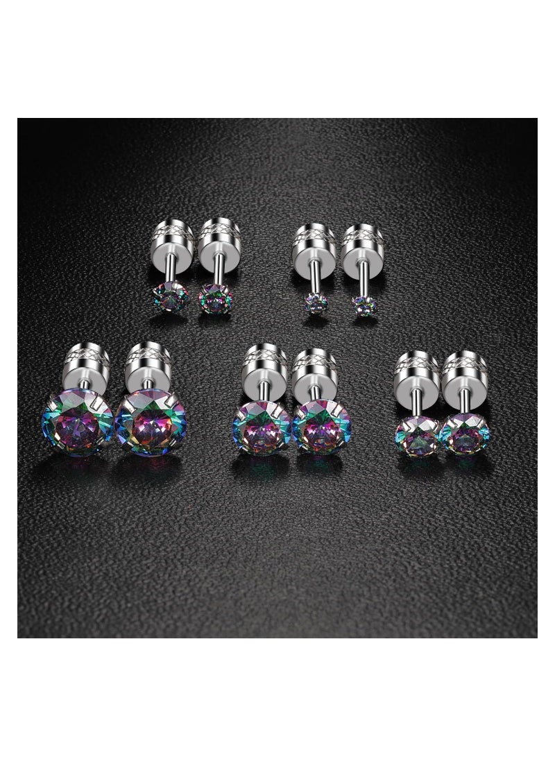 Y&D Titanium Screw Back Pack of Earrings Cubic Zirconia Studs for Women Men 20G Helix Piercing Post Surgical Stainless Steel Hypoallergenic Sensitive Ears Simulated Diamond, Crystal (Rainbow-Silver) - Image 2