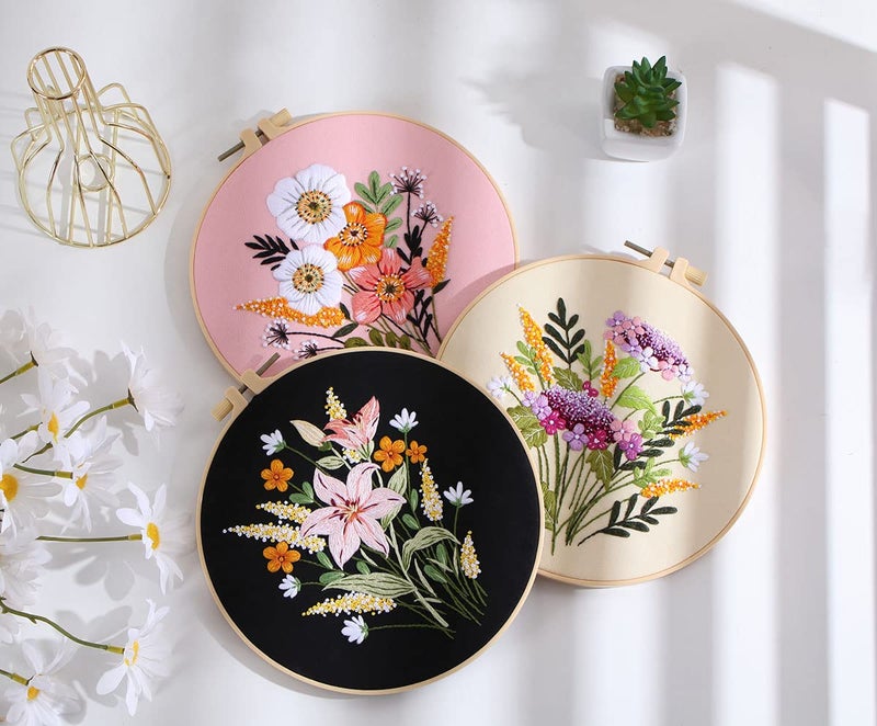 TOPPROSPER TOPPROSPER Fabric Embroidery Starter Kit With Pattern And Instructions Cross Stitch Set Stamped Kits Clothes Pattern 1 Hoops Light Yellow  - Image 5