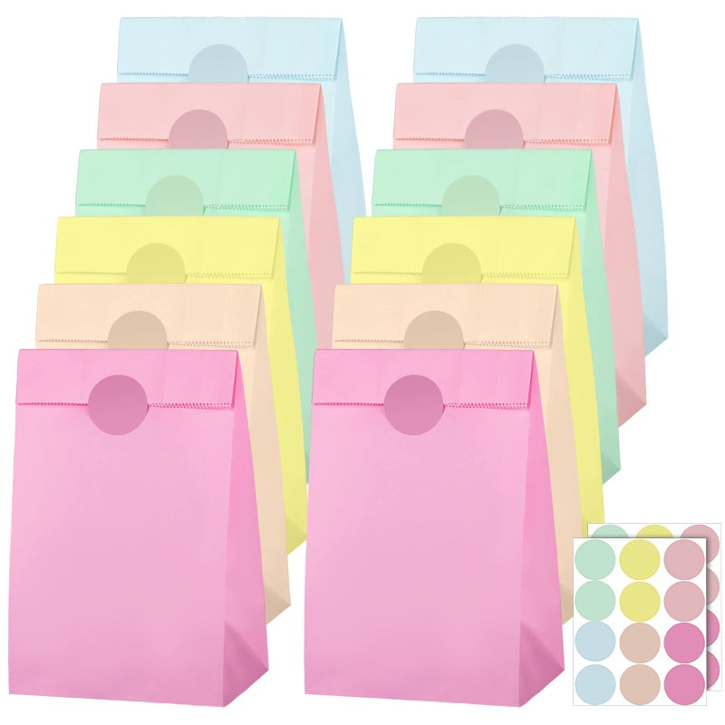 Cooraby 30 Pack Pastel Gift Candy Paper Bags with Stickers 51 x 31 x 94 Inches Snack Sweet Craft Bags for Birthday Wedding Party Anniversaries with 48 Stickers