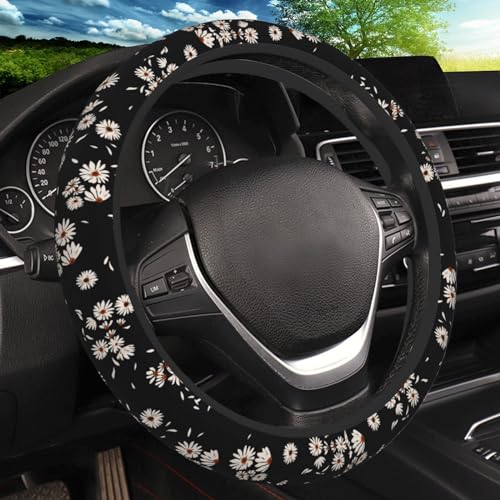 KARREAL Black and White Daisies Elastic Steering Wheel Cover NonSlip Breathable Neoprene Steering Wheel Covers Women Pink Car Accessories Universal 15 Inch Fit Auto Suvs Truck - Image 1