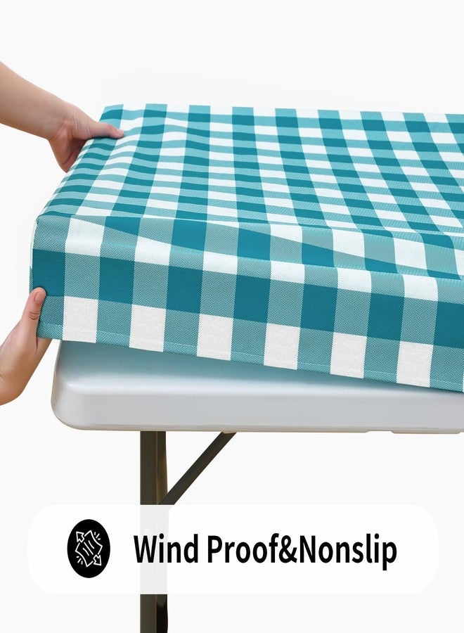 Smiry Rectangle Picnic Table Cloth, Elastic Waterproof Fitted Vinyl Tablecloths, Flannel Backed Buffalo Plaid Table Covers for Dining, Camping, Outdoor (White and Turquoise, 30" x 72") - Image 2