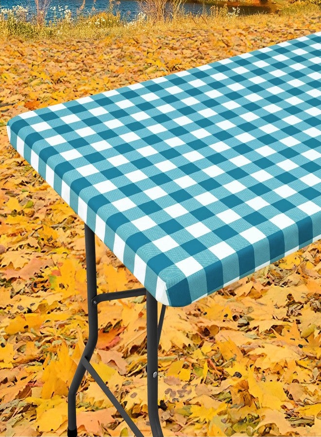 Smiry Rectangle Picnic Table Cloth, Elastic Waterproof Fitted Vinyl Tablecloths, Flannel Backed Buffalo Plaid Table Covers for Dining, Camping, Outdoor (White and Turquoise, 30" x 72") - Image 1