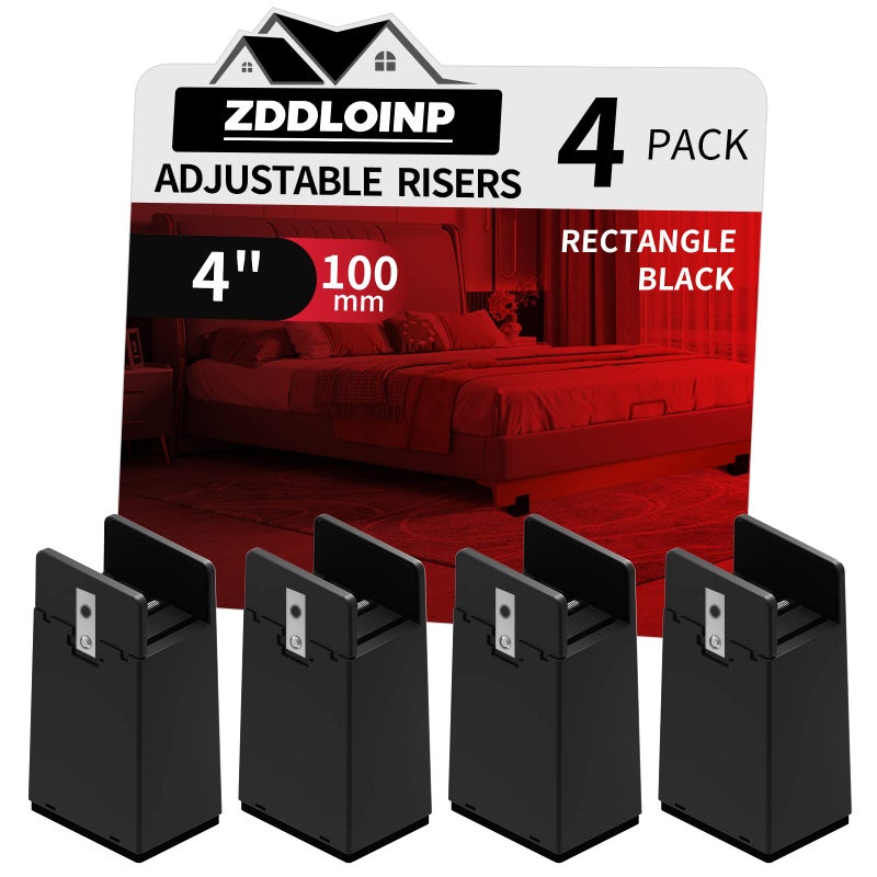 ZDDLOINP ZDDLOINP Bed Risers with Adjustable Screw Clamp Fits Thickness of Furniture Frame from 0 to 15 Inch Furniture Risers 4 Inch Heavy Duty Risers for Table Cabinet Support up to 5000lbs 4Pack Black 