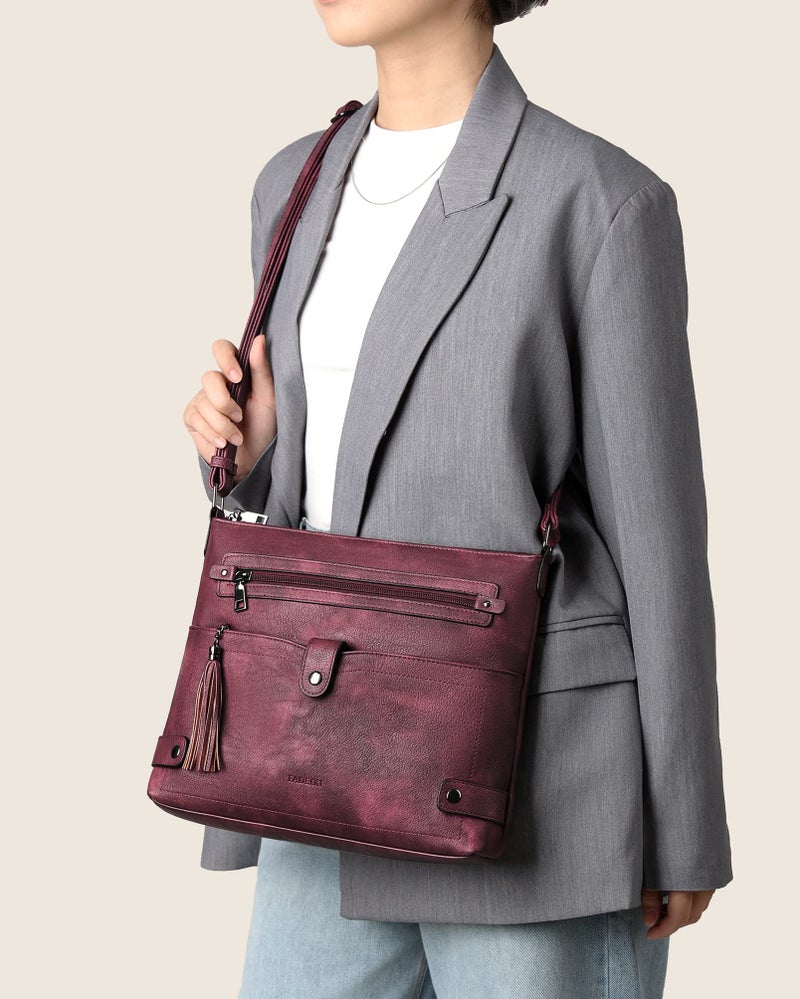 FADEON Large Crossbody Bags Purses for Women Crossbody Bag, Designer Leather Cross Body Purse Multi Pocket Shoulder Bag Red - Image 3