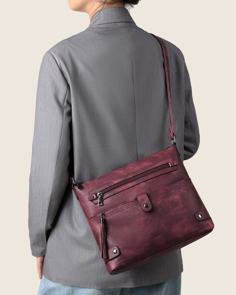 FADEON Large Crossbody Bags Purses for Women Crossbody Bag, Designer Leather Cross Body Purse Multi Pocket Shoulder Bag Red - Image 2