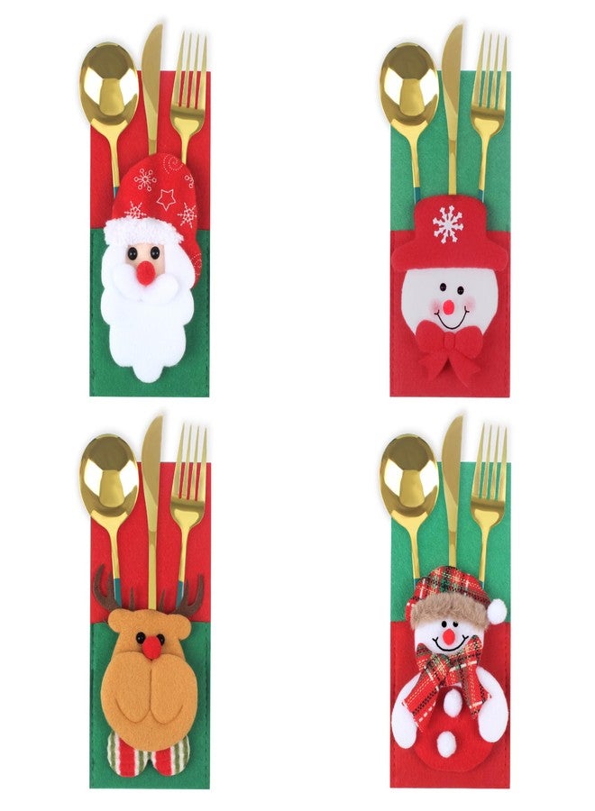 SOACH 4pcs/set Christmas Silverware Holder Pockets, Santa Snowman Reindeer Design, Red and Green Felt Christmas Utensil Holders Party Dinner Table Supplies (Excluding Silverware） - Image 1