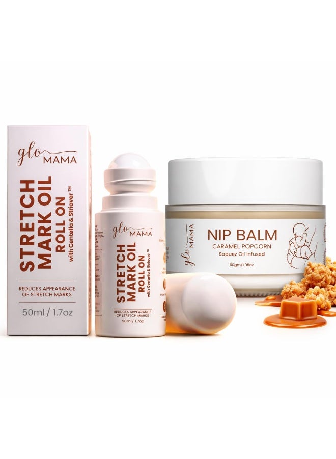 GLOMAMA Lanolin Nipple Balm (30g) & Stretch Mark Roll-On Oil (50ml) | Nipple Balm for Sore, Cracked Nipples & Stretch Mark Care for Pregnant Women | Fast Absorbing & Clinically Proven Safe for Baby - Image 1