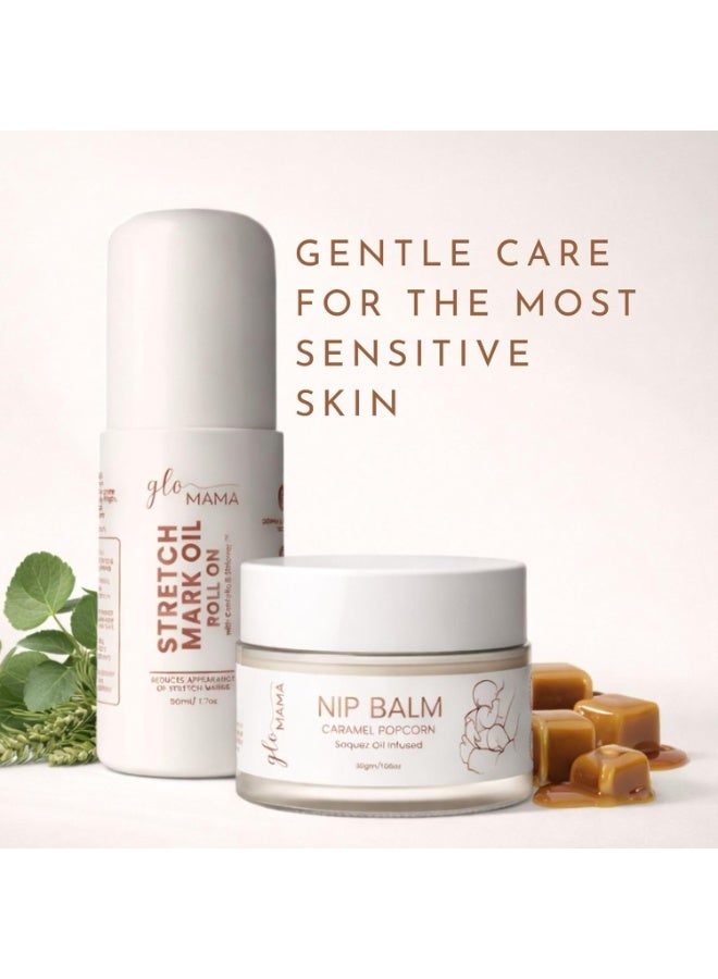 GLOMAMA Lanolin Nipple Balm (30g) & Stretch Mark Roll-On Oil (50ml) | Nipple Balm for Sore, Cracked Nipples & Stretch Mark Care for Pregnant Women | Fast Absorbing & Clinically Proven Safe for Baby - Image 4