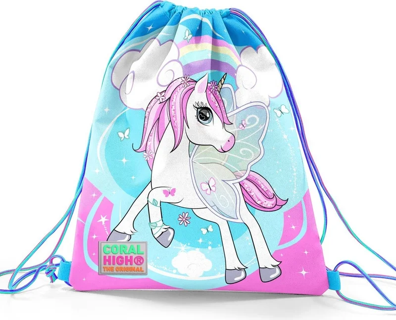 CORAL HIGH Kids Blue Neon Pink Unicorn Patterned Drawstring Backpack 22467
