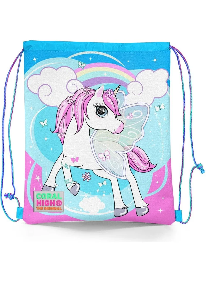 CORAL HIGH Kids Blue Neon Pink Unicorn Patterned Drawstring Backpack 22467