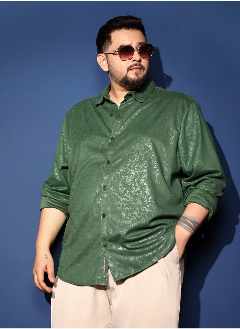 Instafab Plus Instafab Plus Men's Forest Green Corroded-Tactile Shirt For Casual Wear | Spread Collar | Long Cuffed Sleeves | Button Closure | Plus Size Shirt Crafted With Comfort Fit For Everyday Wear  - Image 1