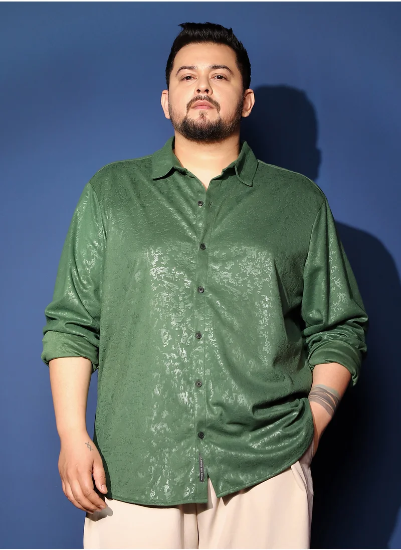 انستافاب بلس Instafab Plus Men's Forest Green Corroded-Tactile Shirt For Casual Wear | Spread Collar | Long Cuffed Sleeves | Button Closure | Plus Size Shirt Crafted With Comfort Fit For Everyday Wear