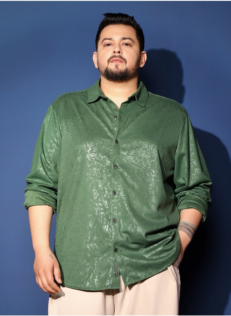Instafab Plus Instafab Plus Men's Forest Green Corroded-Tactile Shirt For Casual Wear | Spread Collar | Long Cuffed Sleeves | Button Closure | Plus Size Shirt Crafted With Comfort Fit For Everyday Wear  - Image 2