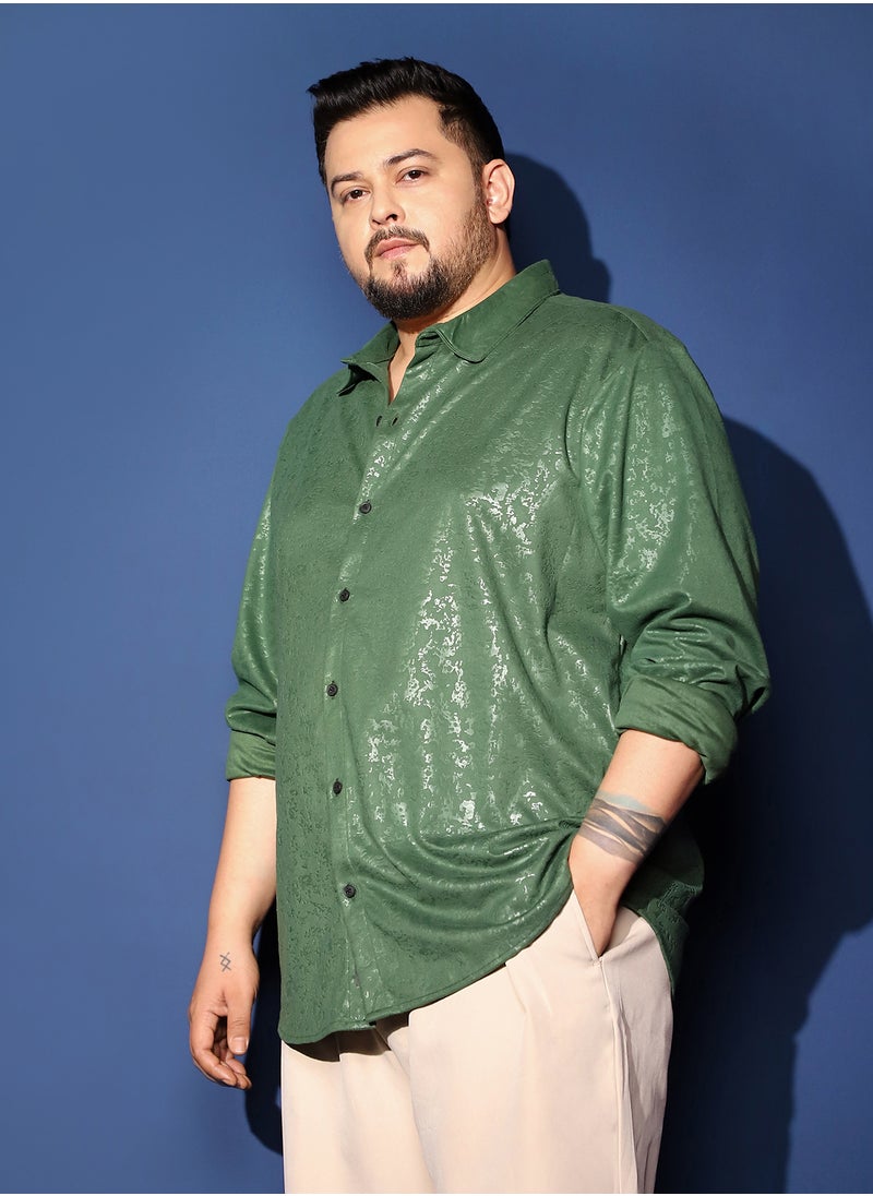 Instafab Plus Instafab Plus Men's Forest Green Corroded-Tactile Shirt For Casual Wear | Spread Collar | Long Cuffed Sleeves | Button Closure | Plus Size Shirt Crafted With Comfort Fit For Everyday Wear  - Image 3
