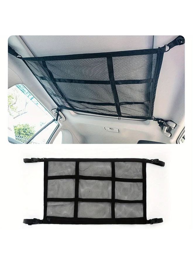 1pc Car Roof Storage Organizer Double Layer Mesh Storage Bag With Support Adjustable Cross Straps Reinforced Ceiling Storage Net For Road Trip Camping Accessories 35.43 By 25.59 Inch - Image 1