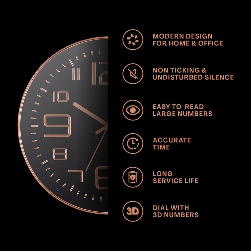 HOLLIO Wall Clock 12 Inch Silent Mute Wall Clocks Battery Operated NonTicking Quiet Decorative Wall Clocks for Home Office Kitchen Bedroom Living Room Black Rose Gold - Image 3