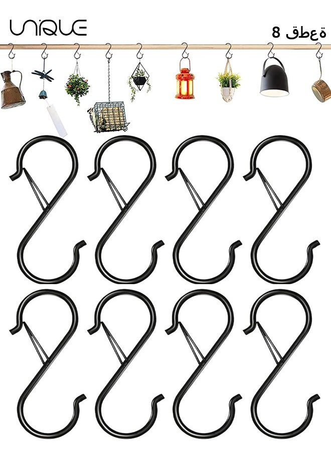 Unique 8 Pack - S Hooks for Hanging, Heavy Duty S Hooks with Safety Buckle S Shaped Hooks Kitchen Pot Rack Hooks Closet Hooks for Hanging Plants, Clothes, Kitchen Utensil, Pots and Pans, Bags (Black)  - Image 1