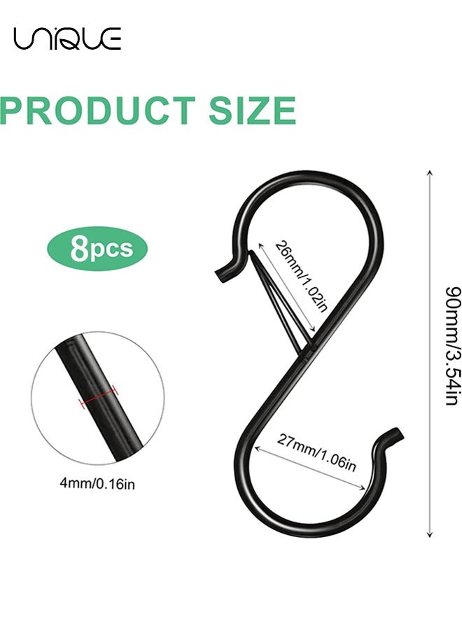 Unique 8 Pack - S Hooks for Hanging, Heavy Duty S Hooks with Safety Buckle S Shaped Hooks Kitchen Pot Rack Hooks Closet Hooks for Hanging Plants, Clothes, Kitchen Utensil, Pots and Pans, Bags (Black)  - Image 2