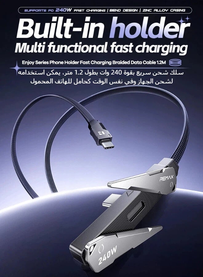 REMAX CB53 Type C to Type C 240W PD Fast Charging Braided Cable 1.2M with Built-in Phone Stand, for All USB-C Smartphones Laptops (Black) - Image 3