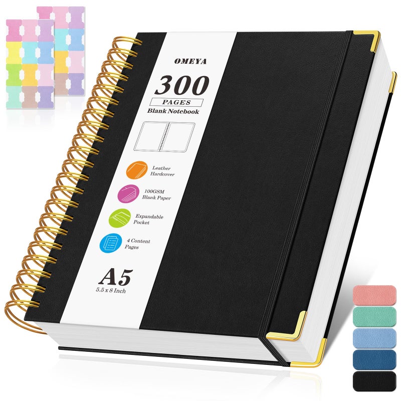 OMEYA Blank Spiral Notebook: Leather Sketch Book, 300 Pages Hardcover Unlined Notebook for Women Men,100GSM Thick No Bleed Paper Journal, A5 Small Art Sketchbook for Drawing Writing Work, 5.5" x 8", Black - Image 1