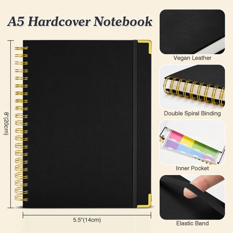 OMEYA Blank Spiral Notebook: Leather Sketch Book, 300 Pages Hardcover Unlined Notebook for Women Men,100GSM Thick No Bleed Paper Journal, A5 Small Art Sketchbook for Drawing Writing Work, 5.5" x 8", Black - Image 5