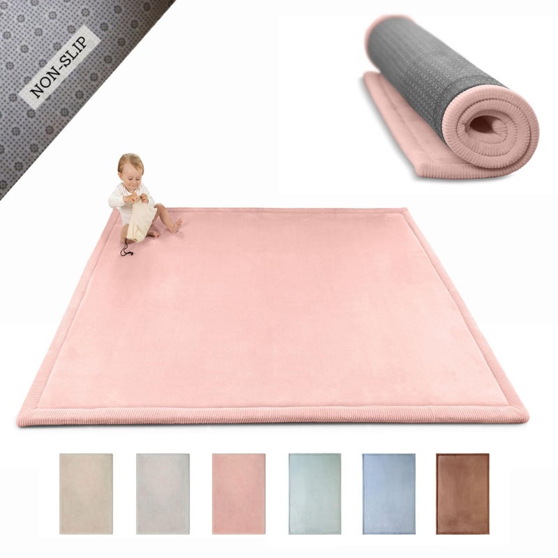 Hakuna Matte Stylish Coral Velvet Baby Play Mat 60" x 80" Pink â€“ Soft 1" Thick High-Density Memory Foam Nursery Rug â€“ Playmat for Floor with Non-Slip Backing for Crawling & Playing â€“ Non-Toxic, odorless Area Rug - Image 1