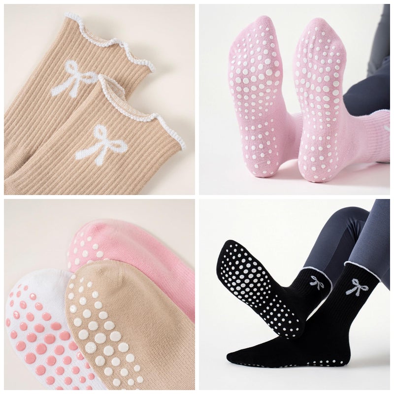 DZSoCoki Grip Socks Pilates,4/6Pairs Cotton Cute Pilates Socks for Women, Ruffle Grippy Sock for Yoga Barre Hospital 5-10in (4PairsBowBlack+Pink+Khaki+White) - Image 2