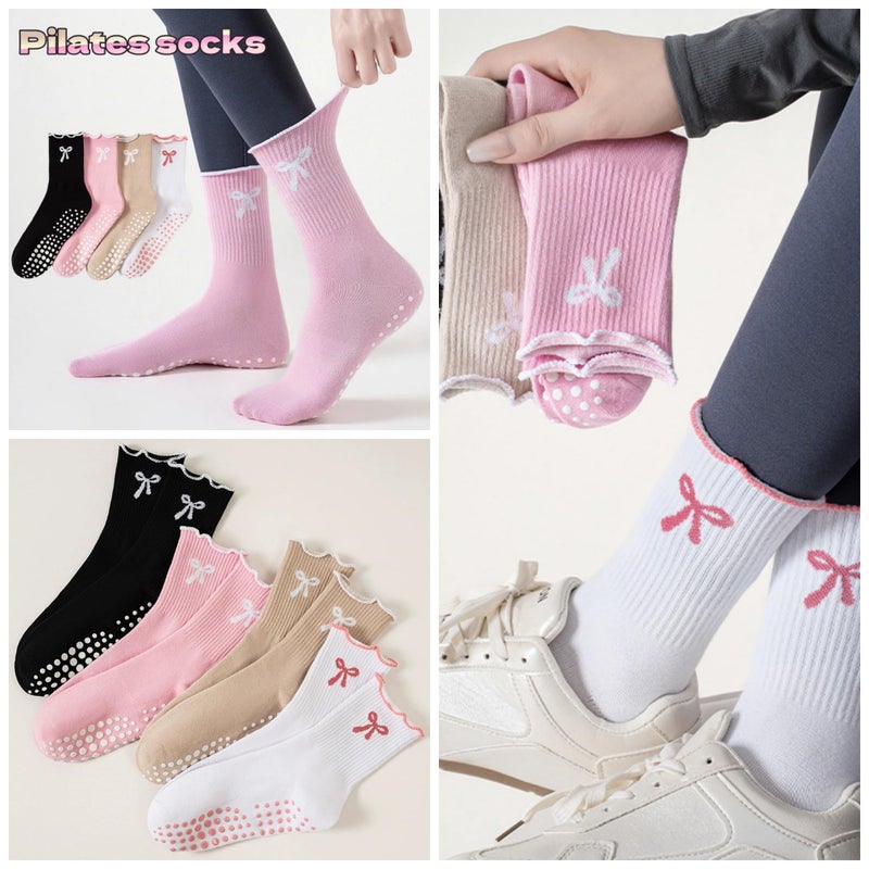 DZSoCoki Grip Socks Pilates,4/6Pairs Cotton Cute Pilates Socks for Women, Ruffle Grippy Sock for Yoga Barre Hospital 5-10in (4PairsBowBlack+Pink+Khaki+White) - Image 3