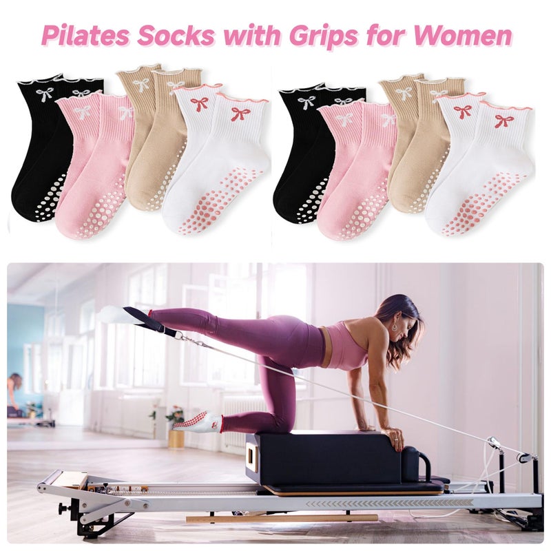 DZSoCoki Grip Socks Pilates,4/6Pairs Cotton Cute Pilates Socks for Women, Ruffle Grippy Sock for Yoga Barre Hospital 5-10in (4PairsBowBlack+Pink+Khaki+White) - Image 4