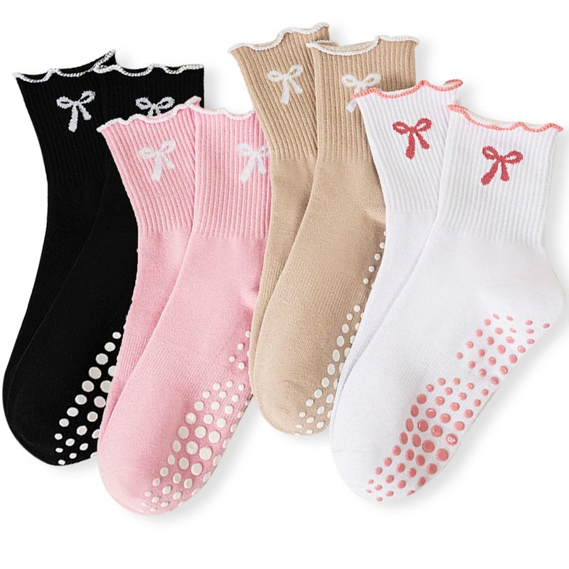 DZSoCoki Grip Socks Pilates,4/6Pairs Cotton Cute Pilates Socks for Women, Ruffle Grippy Sock for Yoga Barre Hospital 5-10in (4PairsBowBlack+Pink+Khaki+White) - Image 1