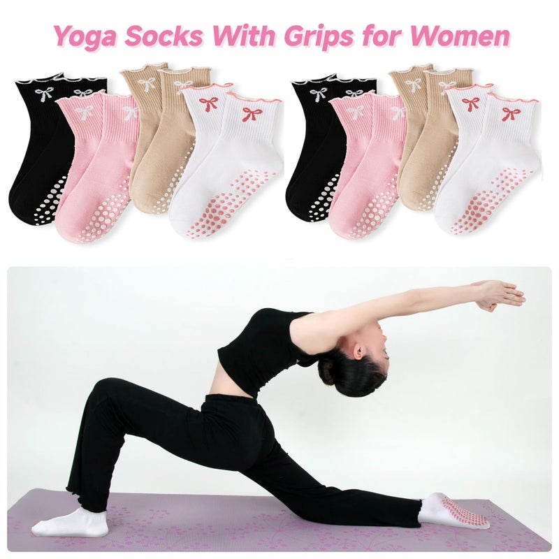 DZSoCoki Grip Socks Pilates,4/6Pairs Cotton Cute Pilates Socks for Women, Ruffle Grippy Sock for Yoga Barre Hospital 5-10in (4PairsBowBlack+Pink+Khaki+White) - Image 5