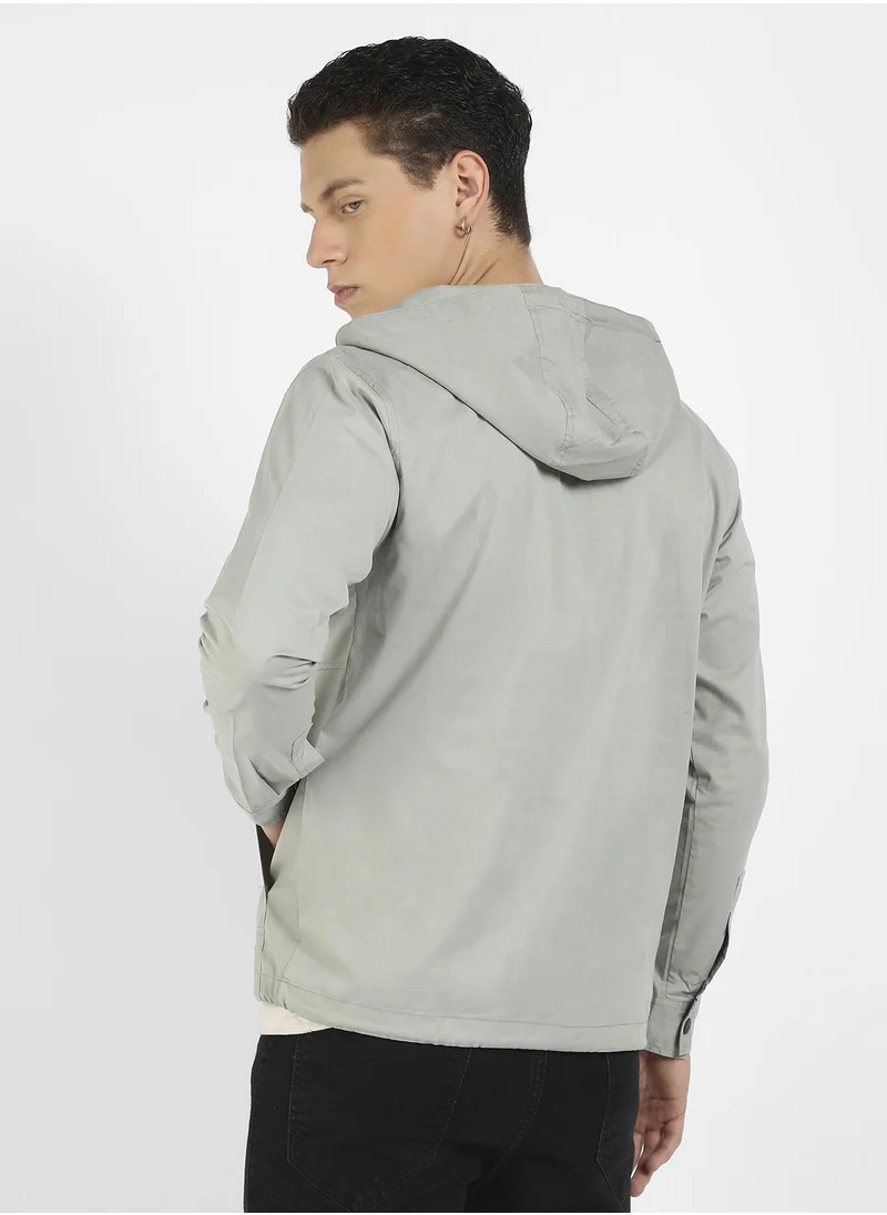 Campus Sutra Men's Sage Green Half-Zip Utility Jacket With Contrast Drawstring