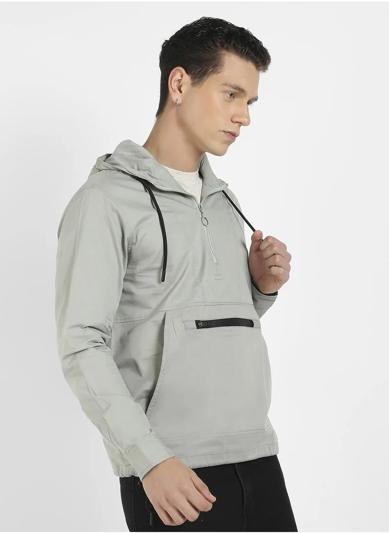 Campus Sutra Men's Sage Green Half-Zip Utility Jacket With Contrast Drawstring
