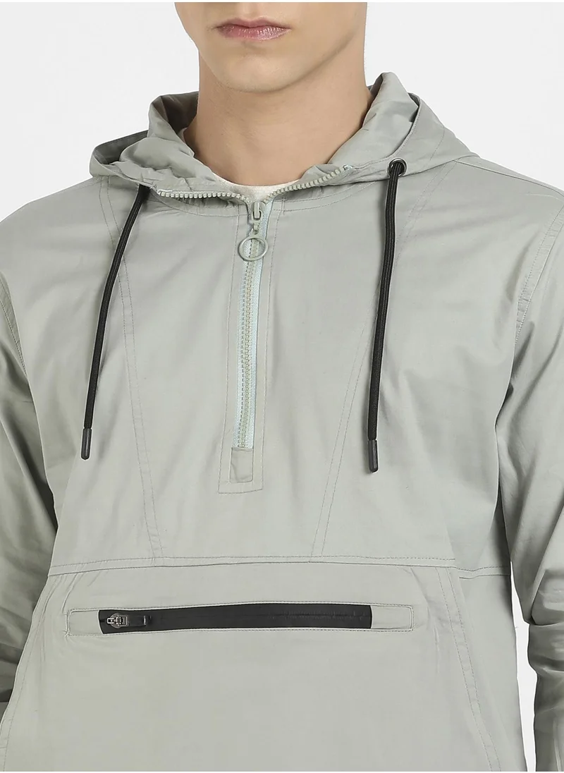 Campus Sutra Men's Sage Green Half-Zip Utility Jacket With Contrast Drawstring