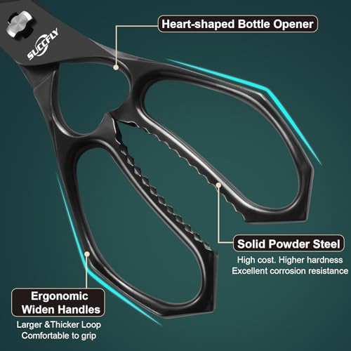 SUCCFLY Kitchen Scissors for Food，Premium Kitchen Shears Heavy Duty，8.8″Ultra Sharp Meat Scissors Detachable Blade，All Steel Poultry Shears Black Titanium Plated，Anti-Slip Cooking Scissor All Purpose - Image 4