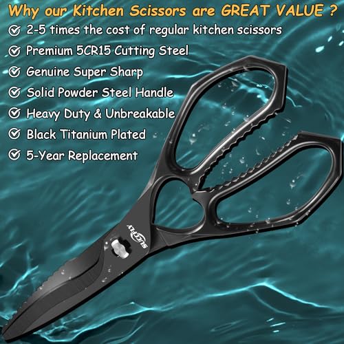 SUCCFLY Kitchen Scissors for Food，Premium Kitchen Shears Heavy Duty，8.8″Ultra Sharp Meat Scissors Detachable Blade，All Steel Poultry Shears Black Titanium Plated，Anti-Slip Cooking Scissor All Purpose - Image 5
