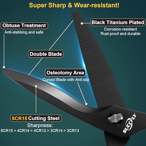SUCCFLY Kitchen Scissors for Food，Premium Kitchen Shears Heavy Duty，8.8″Ultra Sharp Meat Scissors Detachable Blade，All Steel Poultry Shears Black Titanium Plated，Anti-Slip Cooking Scissor All Purpose - Image 3