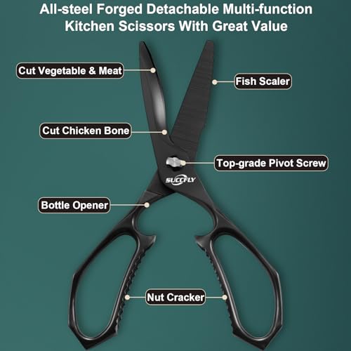 SUCCFLY Kitchen Scissors for Food，Premium Kitchen Shears Heavy Duty，8.8″Ultra Sharp Meat Scissors Detachable Blade，All Steel Poultry Shears Black Titanium Plated，Anti-Slip Cooking Scissor All Purpose - Image 2