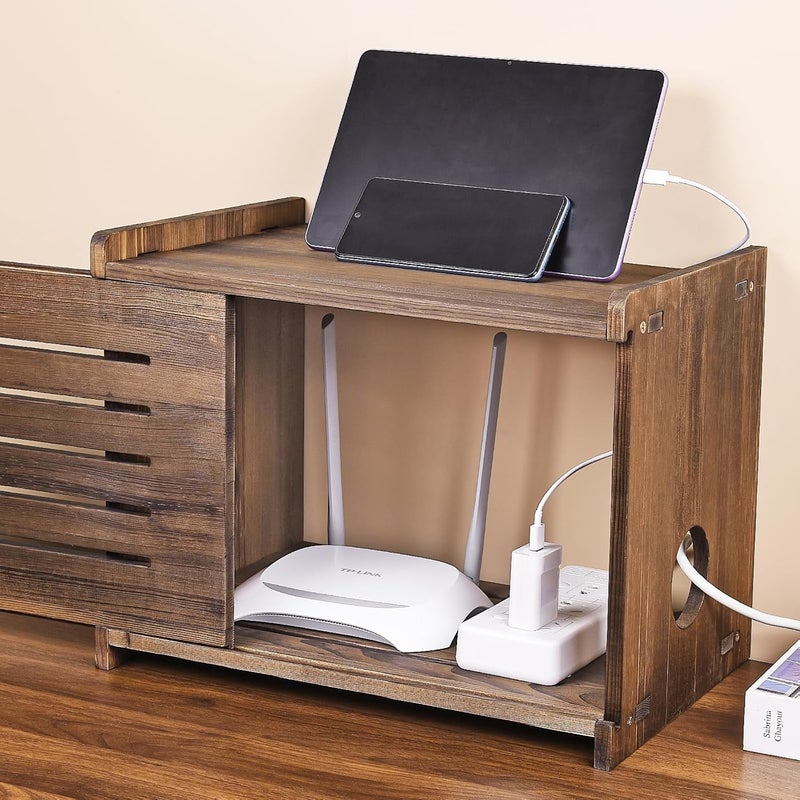 BEARUT Router Shelf Projector Shelf Projector Stand Router Storage Box Modem Cable Router Cover Organized Power Strip Cable Management Hider Rack by Solid Wood Need Assembly SS - Image 4